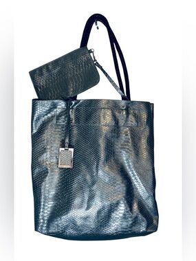INZI silver  2-in-1 Python Texture Shopper
Tote with brown Braided Handles -
